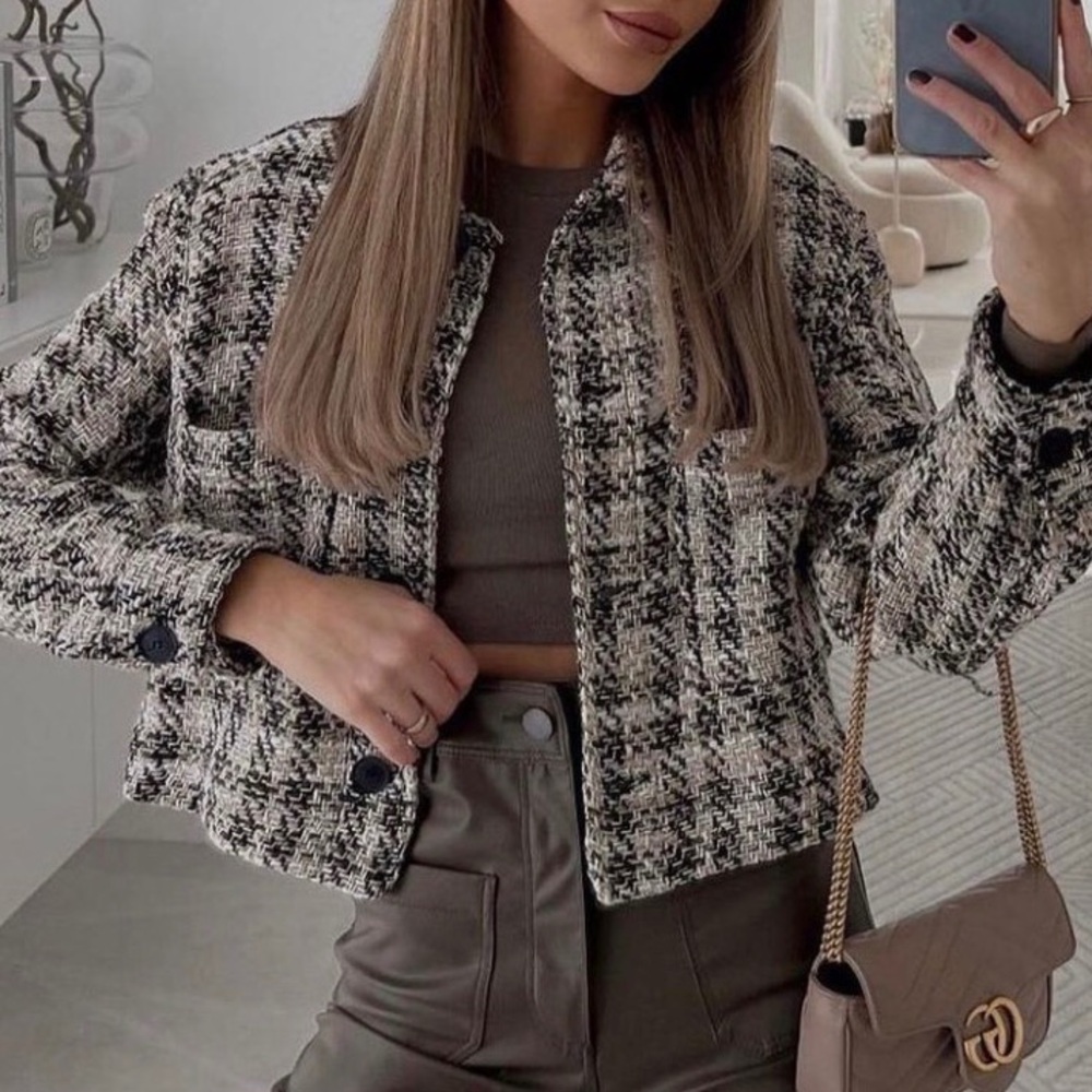 Zara Blogger Fave Tweed Overshirt Shacket in Tan Black Size XS